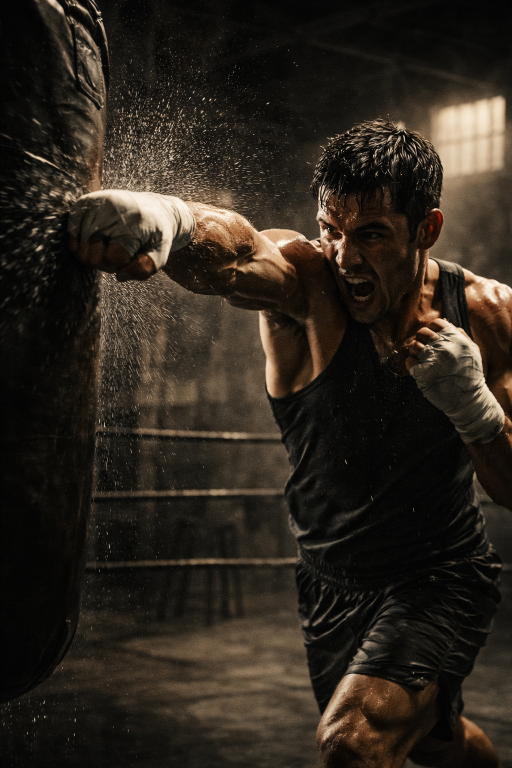 Sweaty make boxer punching a heavy bag in a gritty boxing gym