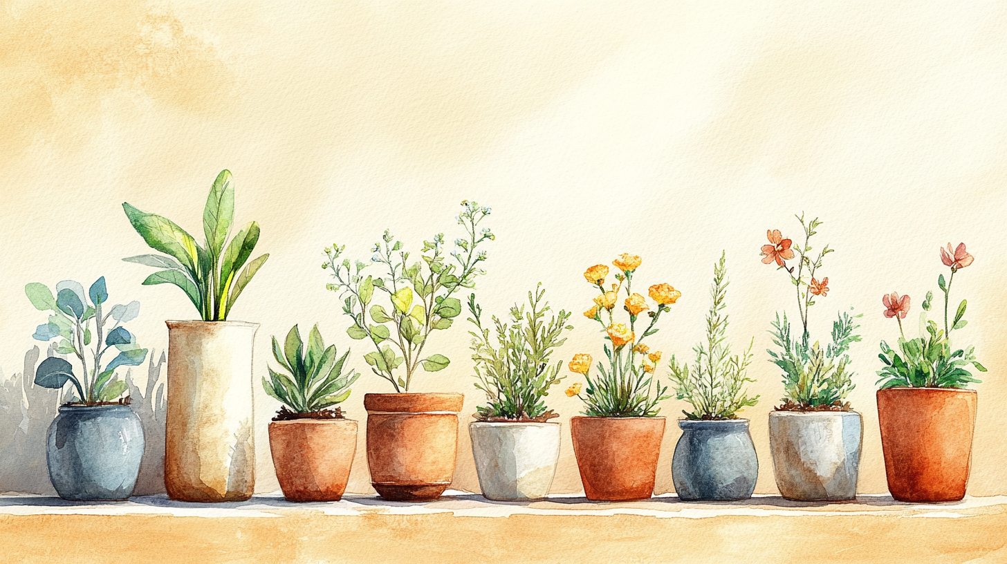 Watercolor illustration of different shaped vessels each holding a unique plant or flower growing in its own way on a sunlit surface