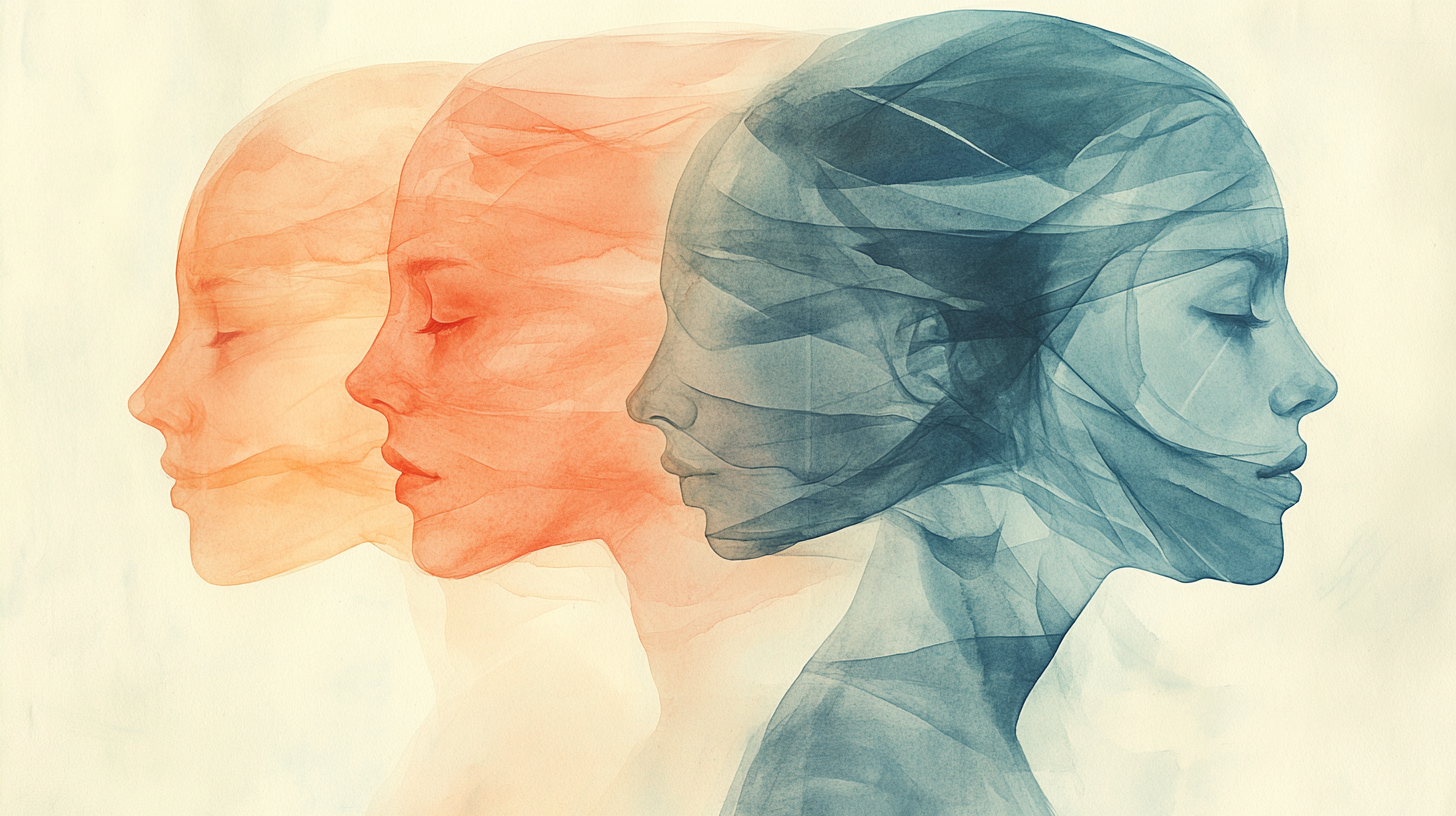 Watercolor illustration of a person surrounded by translucent masks floating away revealing a quieter truer self underneath