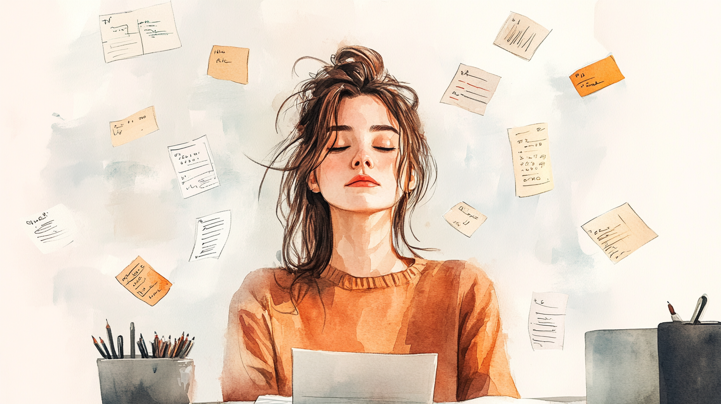 Watercolor illustration of a woman at a desk surrounded by floating sticky notes and scattered lists