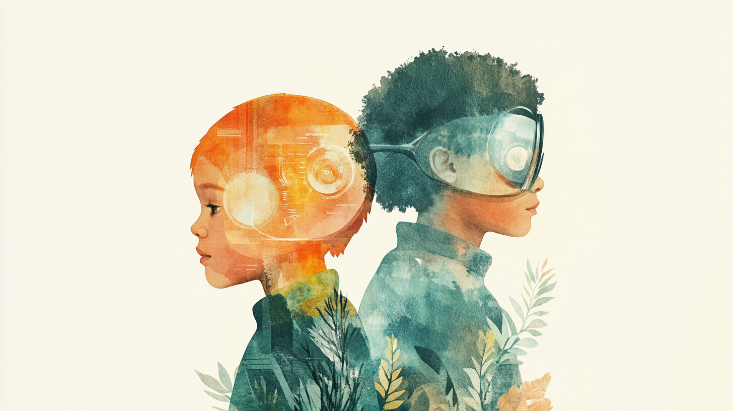 Watercolor illustration of two overlapping magnifying glasses each showing a different view of a child playing