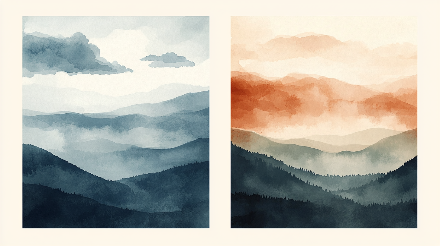 Watercolor illustration of two abstract landscapes side by side showing a single storm cloud versus layered overlapping weather patterns