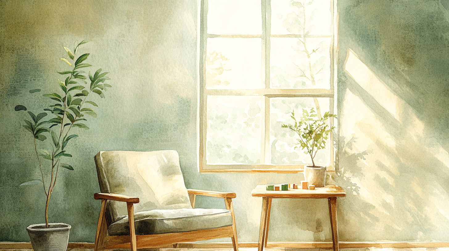 Watercolor illustration of a calm clinical space with a comfortable chair and assessment materials on a small table near a sunlit window