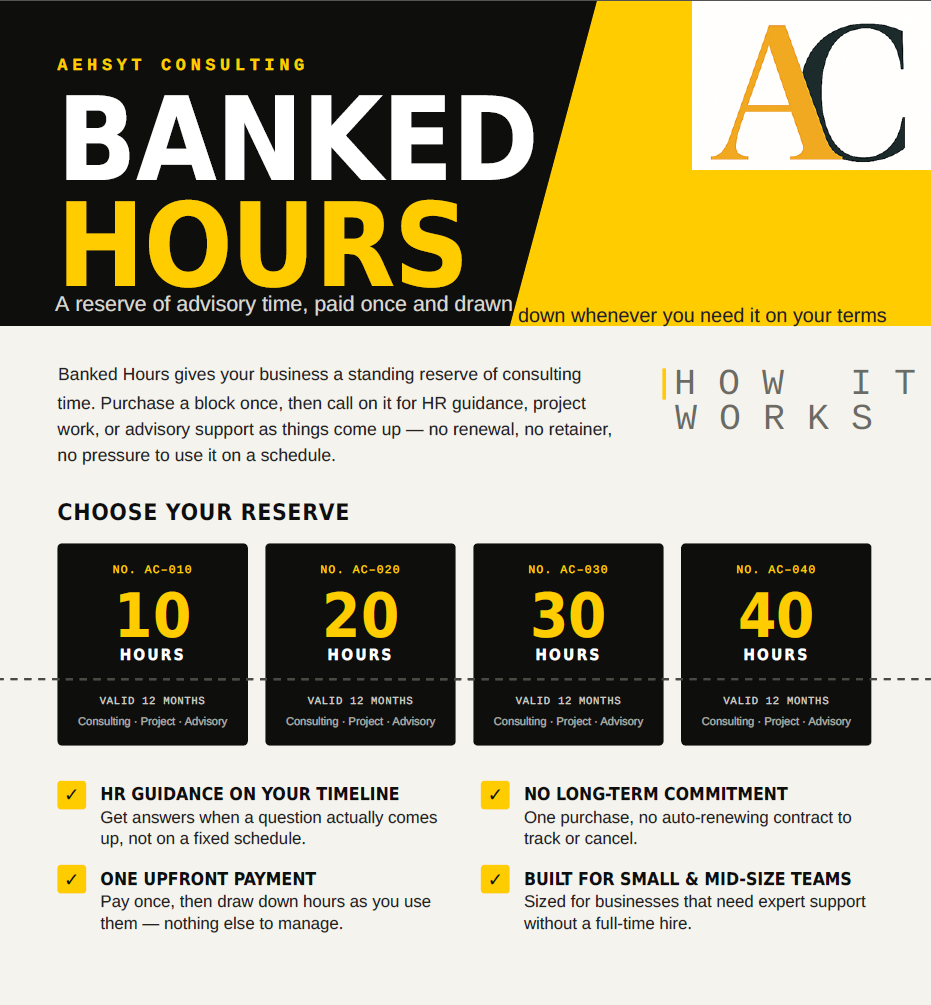 A flyer for AEHSYT Consulting promoting 'Banked Hours,' a consulting service with reserve hours for businesses. It features options for 10, 20, 30, and 40 hours, valid for 12 months, and highlights features like HR guidance, one upfront payment, no long-term commitment, and being suitable for small to mid-size teams.