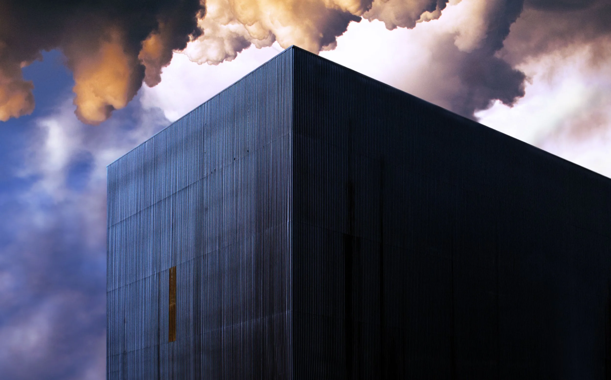 Foreboding indigo steel structure under a churning violet sky. An impenetrable monument to sorrow in surreal fine art.