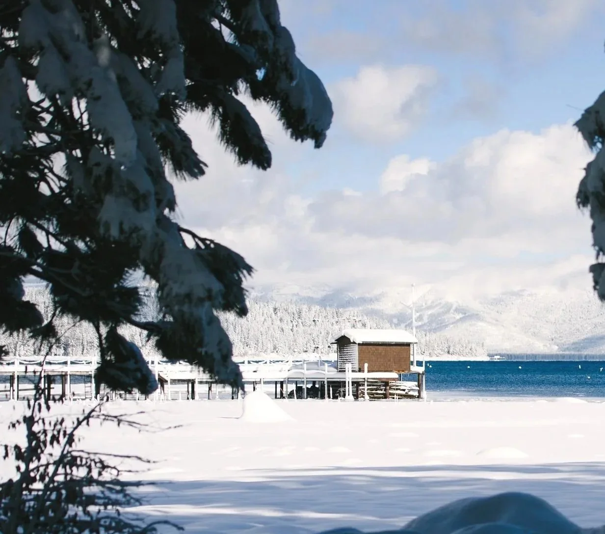 Snow-covered lakeside in Lake Tahoe with pine branches, a small dock structure, and mountains in the background