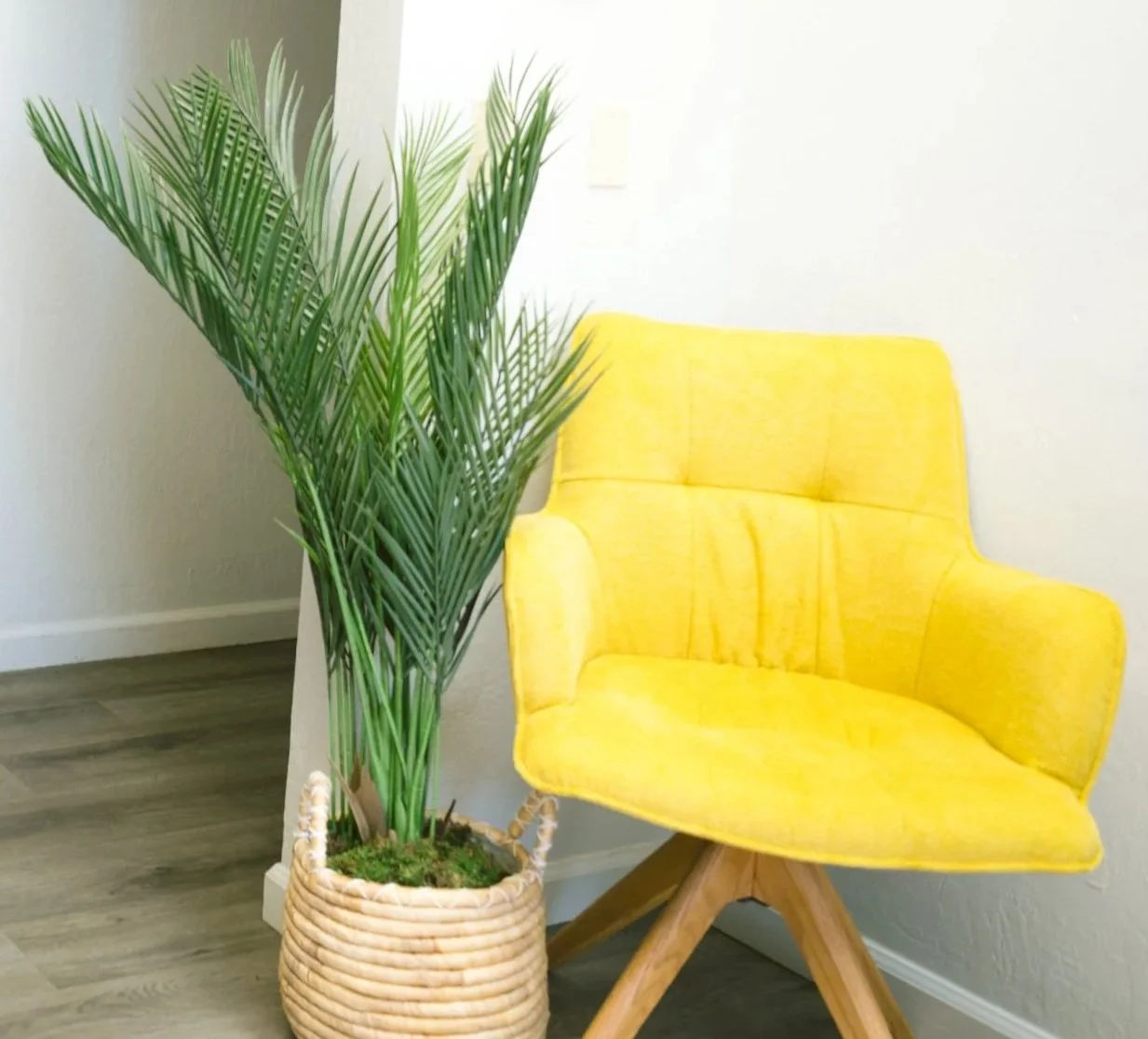 Bright interior with a yellow accent chair beside a potted palm in a woven basket