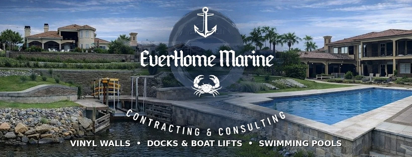 A luxurious residential property with a large swimming pool, surrounding greenery, and multi-story houses in the background, overlaid with the EverHome Marine logo and text about contracting and consulting services for vinyl walls, docks, boat lifts, and swimming pools.