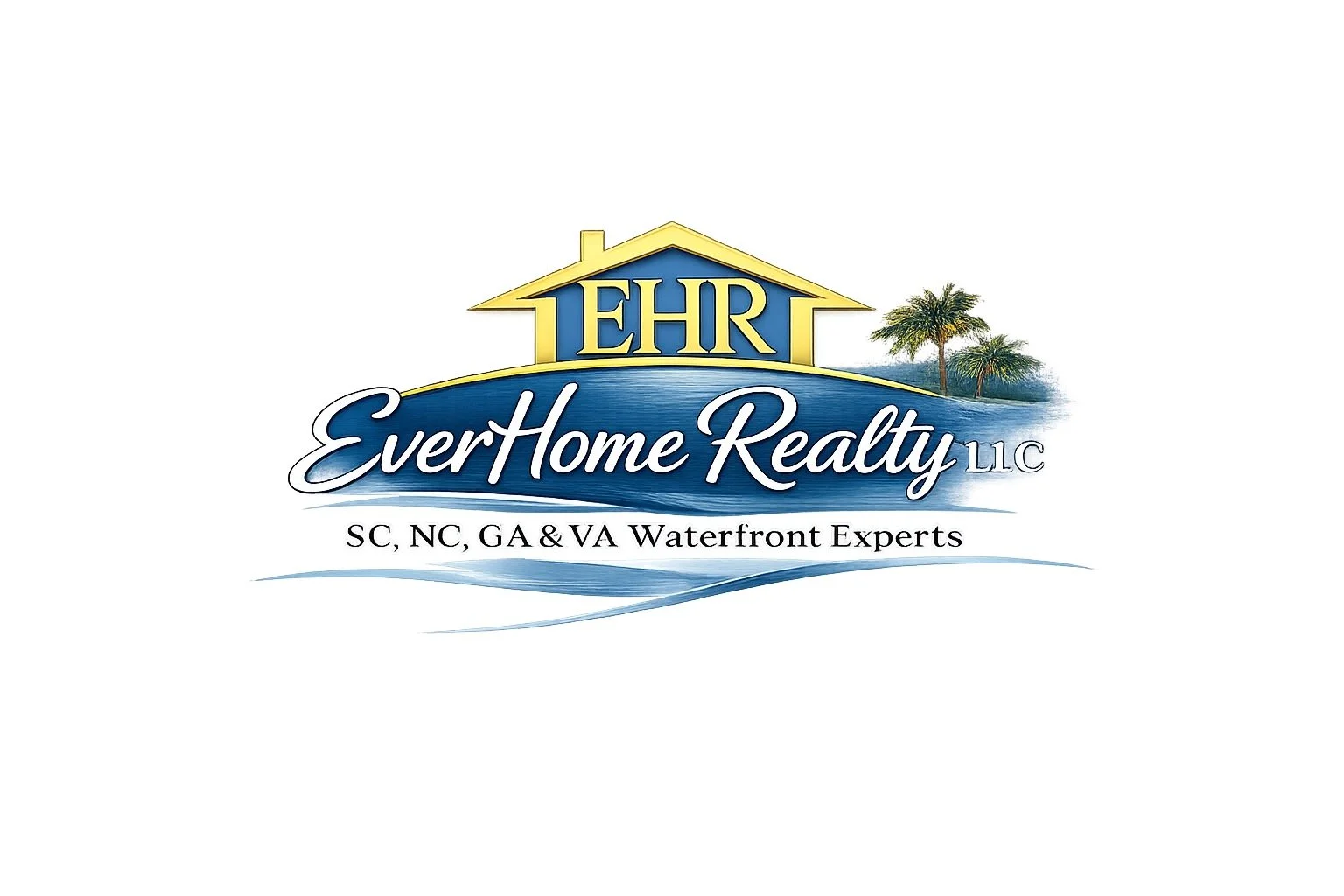 Logo for EverHome Realty LLC featuring a house with waterfront scenery, palm trees, and text highlighting waterfront expertise in South Carolina, North Carolina, Georgia, and Virginia.