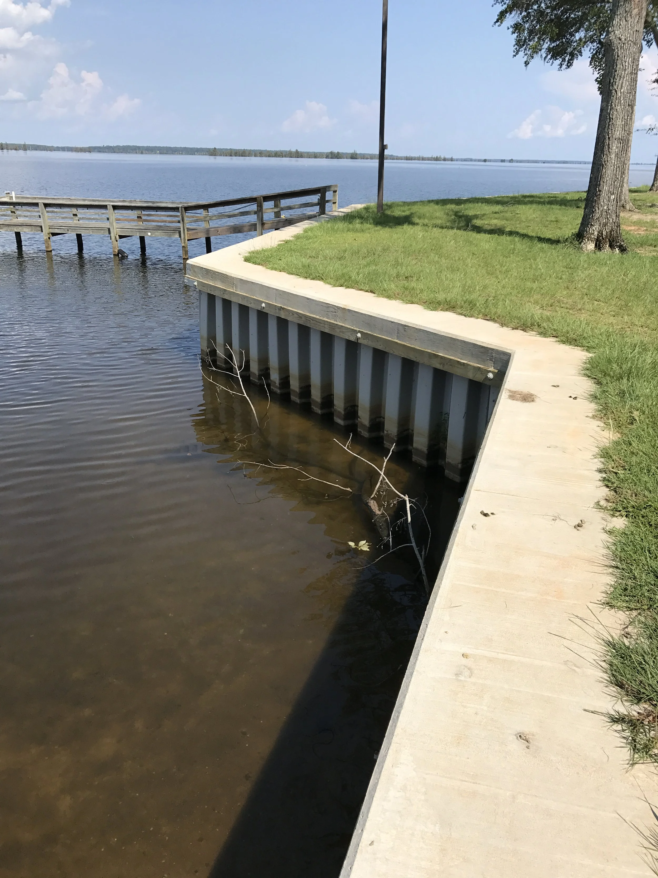 A lakeside scene with a concrete and metal seawall, a grassy area with trees, a walking path, and a wooden dock extending into the water under a partly cloudy sky.