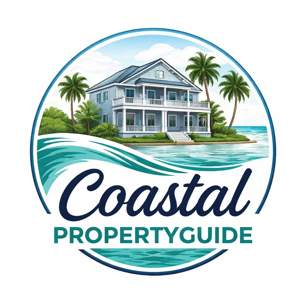 A coastal property guide logo featuring a large house with a wraparound porch on a waterfront, surrounded by palm trees, waves, and a partly cloudy sky.