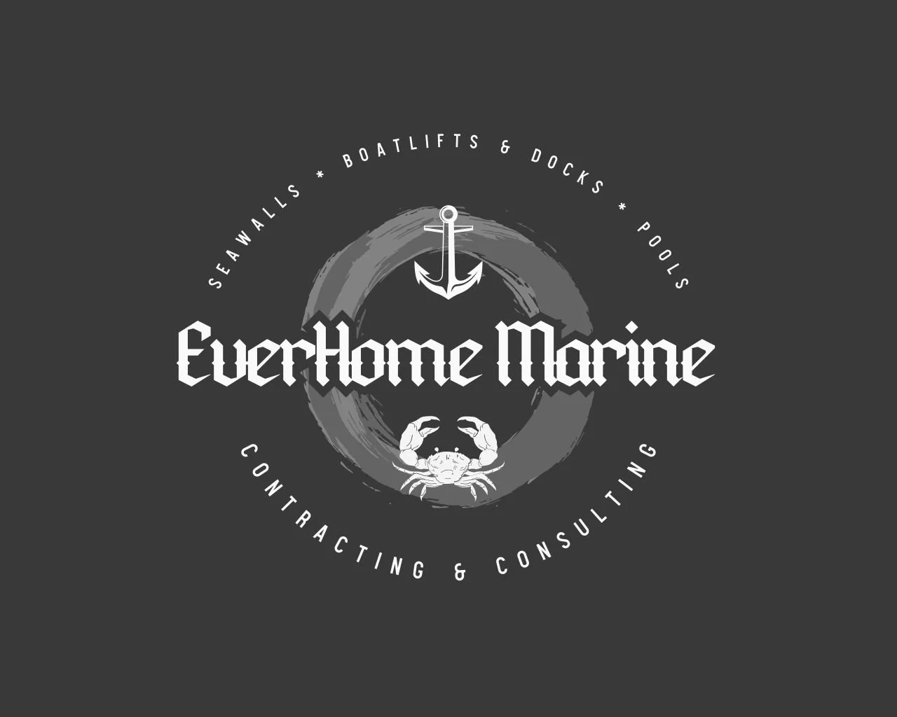 Logo for Everthome Marine featuring a crab, an anchor, and a wave, with text around the circle reading 'Sea Walls, Boatlifts & Docks, Pools, Contracting & Consulting.'