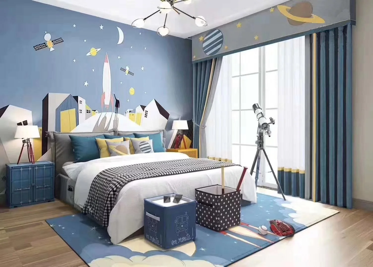 Space-themed child’s bedroom with rocket wall mural, star pelmet above sheer curtains drawn during the day and gold and blue block out curtains for privacy at night