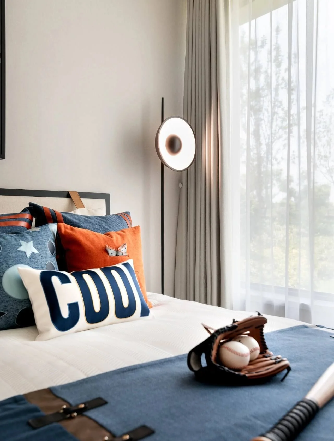 A neat bedroom with a sports theme complimented by beige and sheer curtains covering a tall window