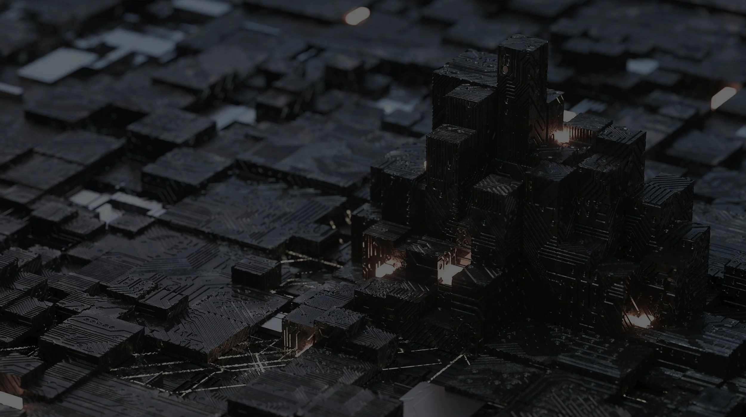 A digital cityscape made of black circuit boards with illuminated gaps, resembling buildings and streets in a futuristic city.