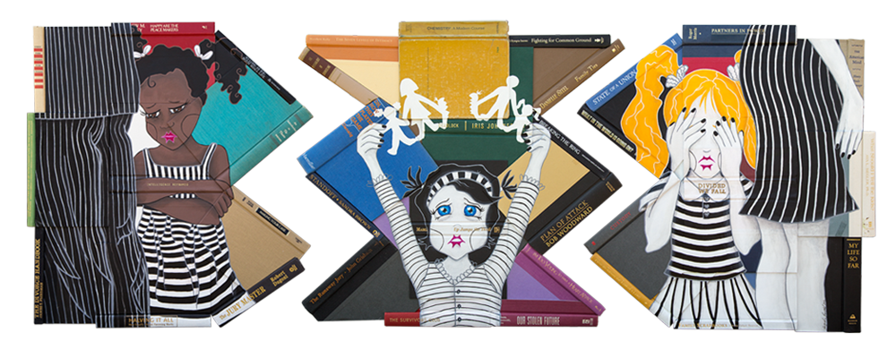 All the Counselor's Discourses & All the Therapist's Zen Couldn't Put Mommy & Daddy Back Together Again, Family Familiarities Series, Acrylic on books, 2016