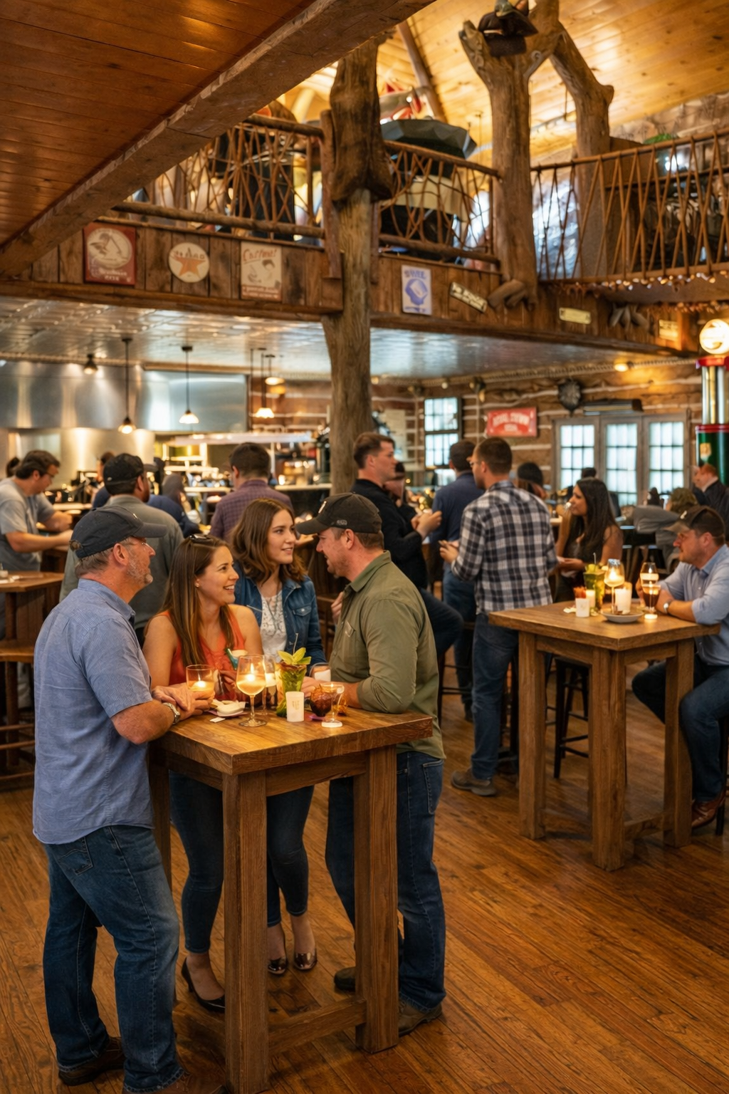 Inside a rustic bar or restaurant with wooden furniture, a mix of young and middle-aged people are socializing, drinking, and enjoying the atmosphere, with a mezzanine level above.