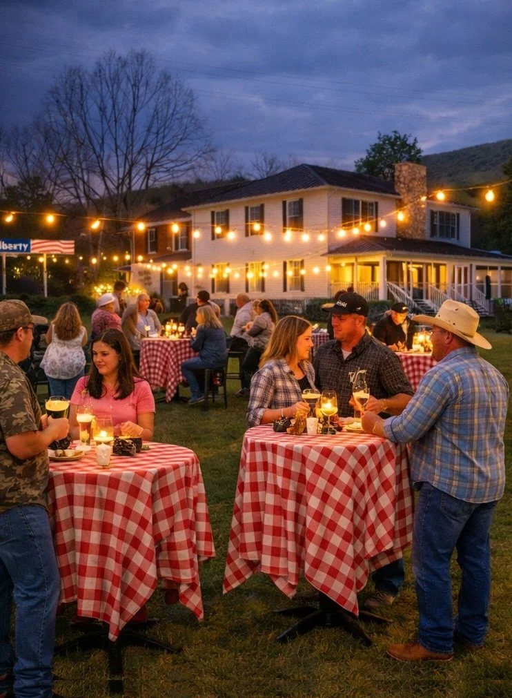 People at an outdoor party with string lights, some standing and some seated at tables with red and white checkered tablecloths, in front of a house with a porch, during dusk.