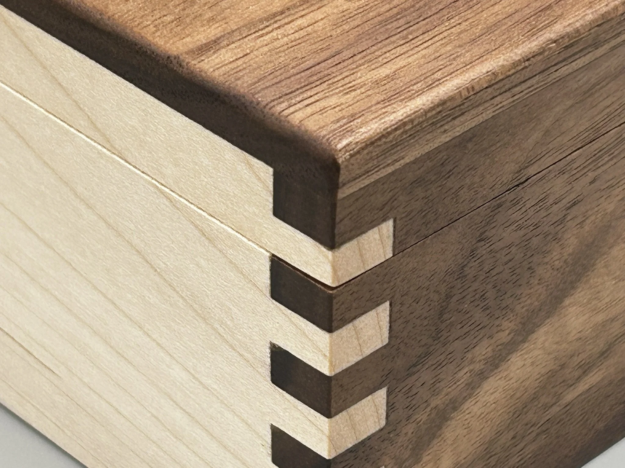 Traditional box-joint joinery on a handcrafted hardwood keepsake box