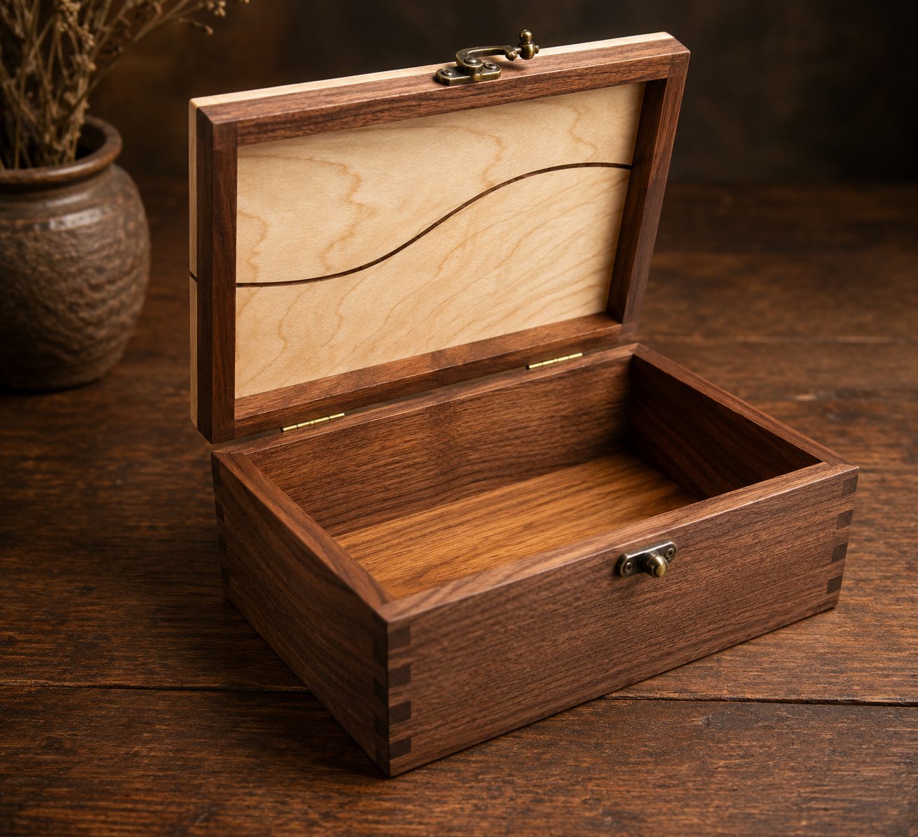 Open handcrafted walnut keepsake box showing solid hardwood construction