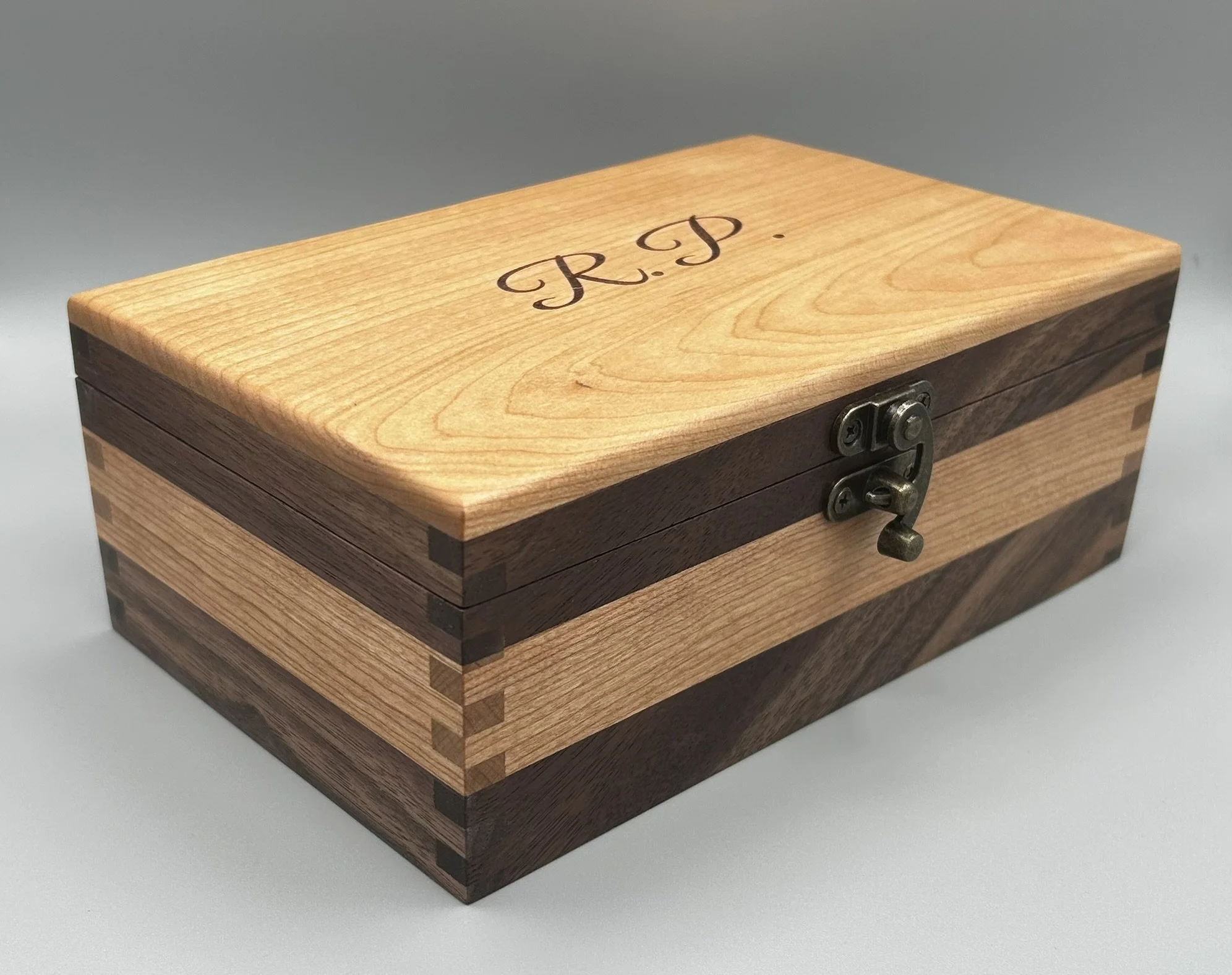 Personalized walnut and cherry keepsake box with engraved initials