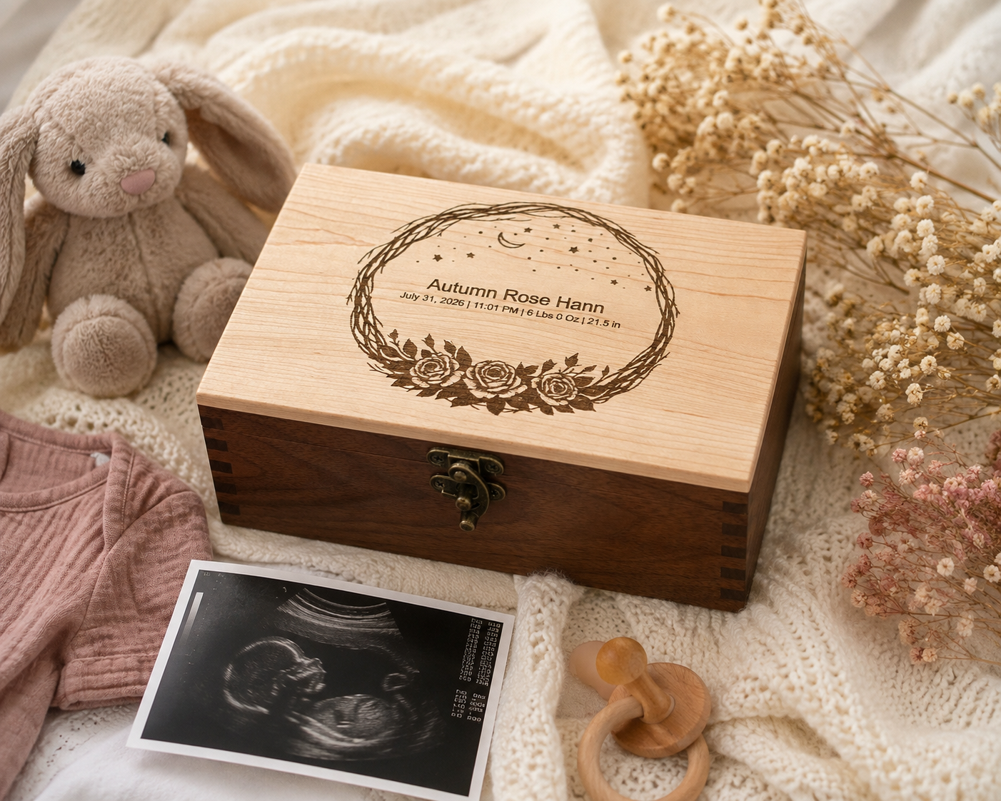 Personalized baby keepsake box with engraved birth announcement