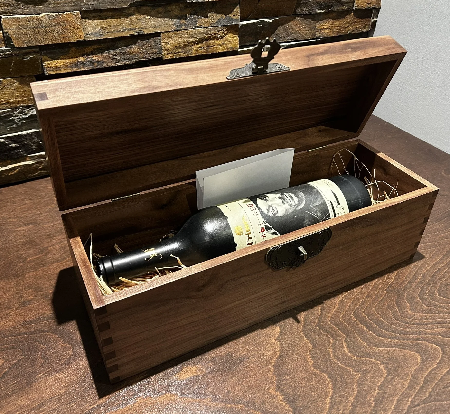 Handcrafted walnut wedding wine ceremony box with hinged lid