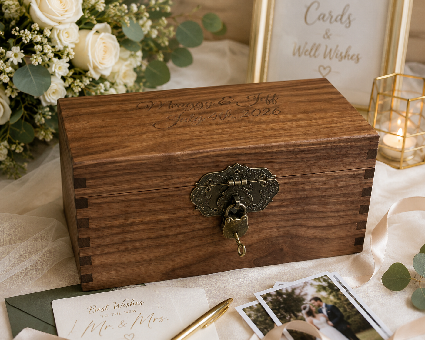 Personalized walnut wedding keepsake box with custom engraving