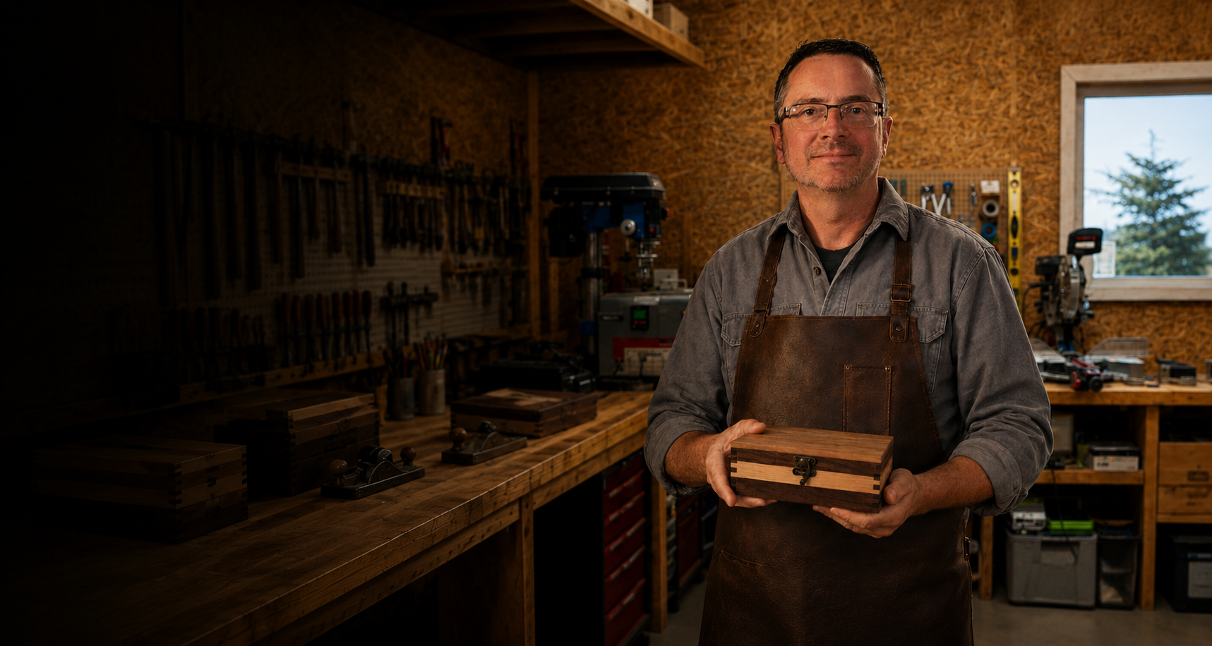 Saltwood Studio maker Brendan Hanlon holding a handcrafted keepsake box in his Newfoundland, Canada workshop