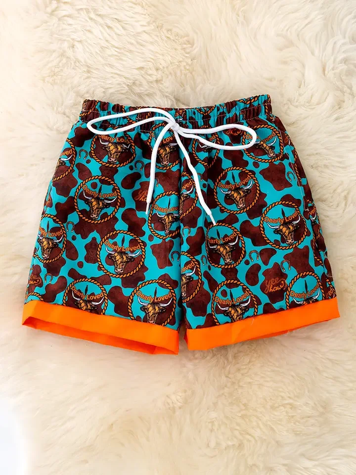 Teal with Orange Trim Boys Western Trunks