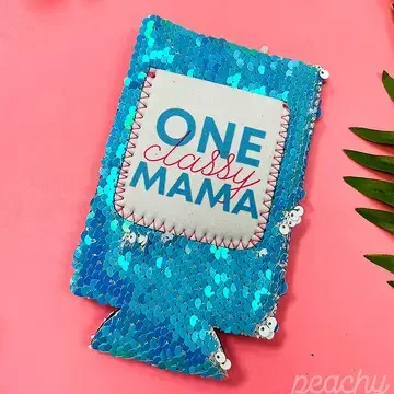 One Classy Mama Blue Sequin Slim Can Cooler