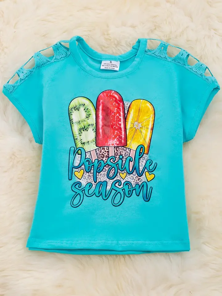 "Popsicle Season" Turquoise Graphic Tee W/Embroidered Shoulder Sleeve.