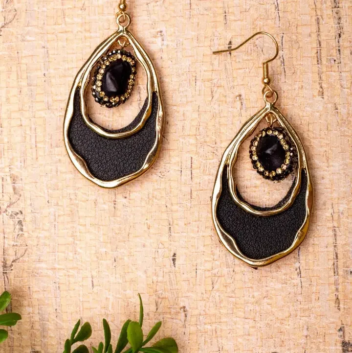 Southern Charm Black Rock Black Leather Teardrop Dangle Earrings