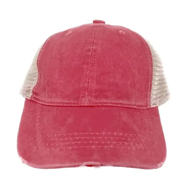 Girls High Ponytail Red Hat with Beige Mesh