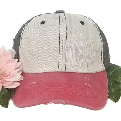 Girls Beige, Brown and Coral Distressed Hat