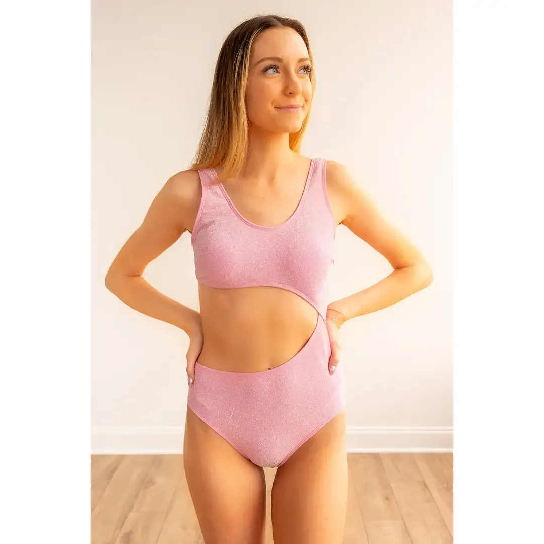 Pink Shimmer Side Cut One Piece Swimwear