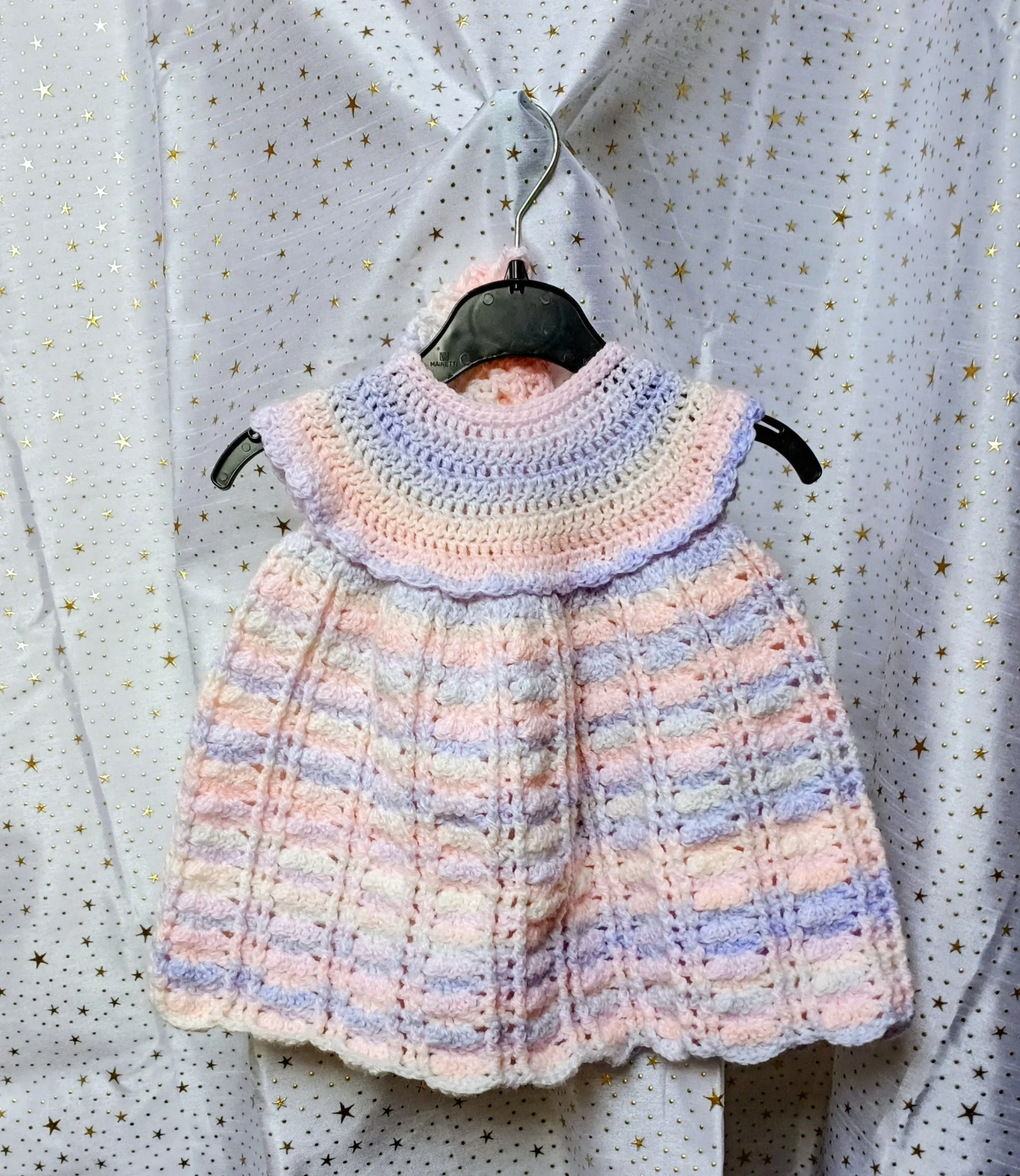 Handmade Pastel Crochet Baby Dress and matching hat.