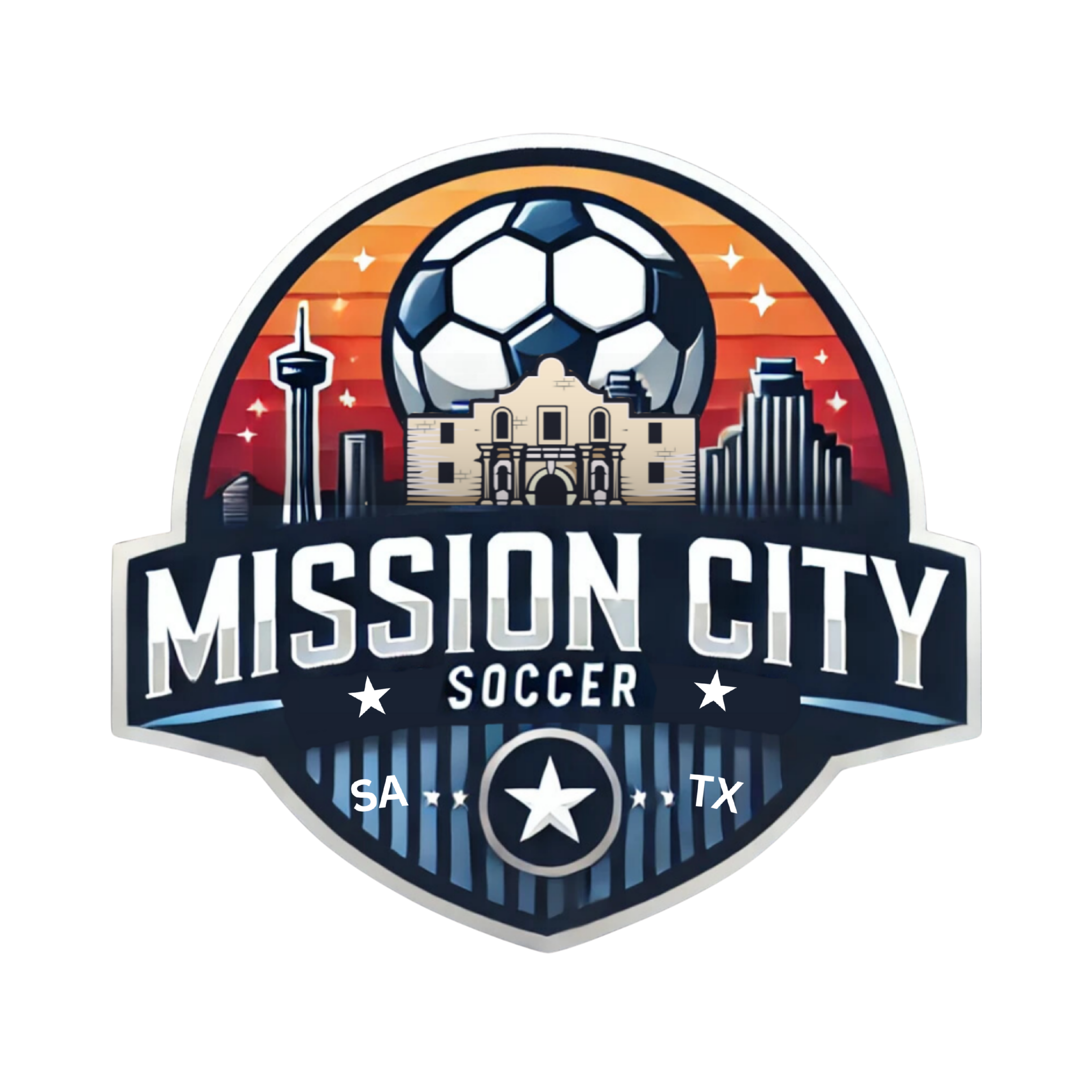 Mission City Soccer logo featuring a soccer ball, silhouette of the San Antonio skyline, and Mission San Antonio church, with sunset background and Texas state abbreviation.