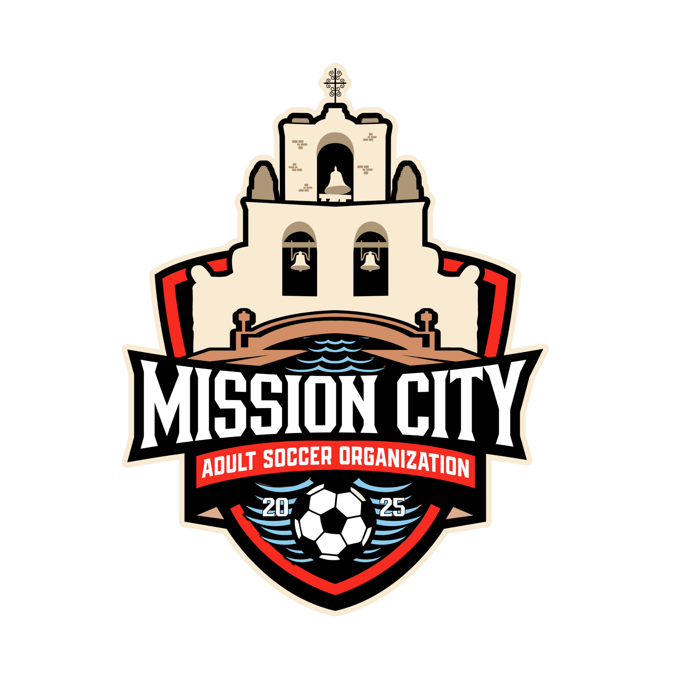 Logo for Misson City Adult Soccer Organization featuring a castle top, bells, a soccer ball, and text including '2025'.