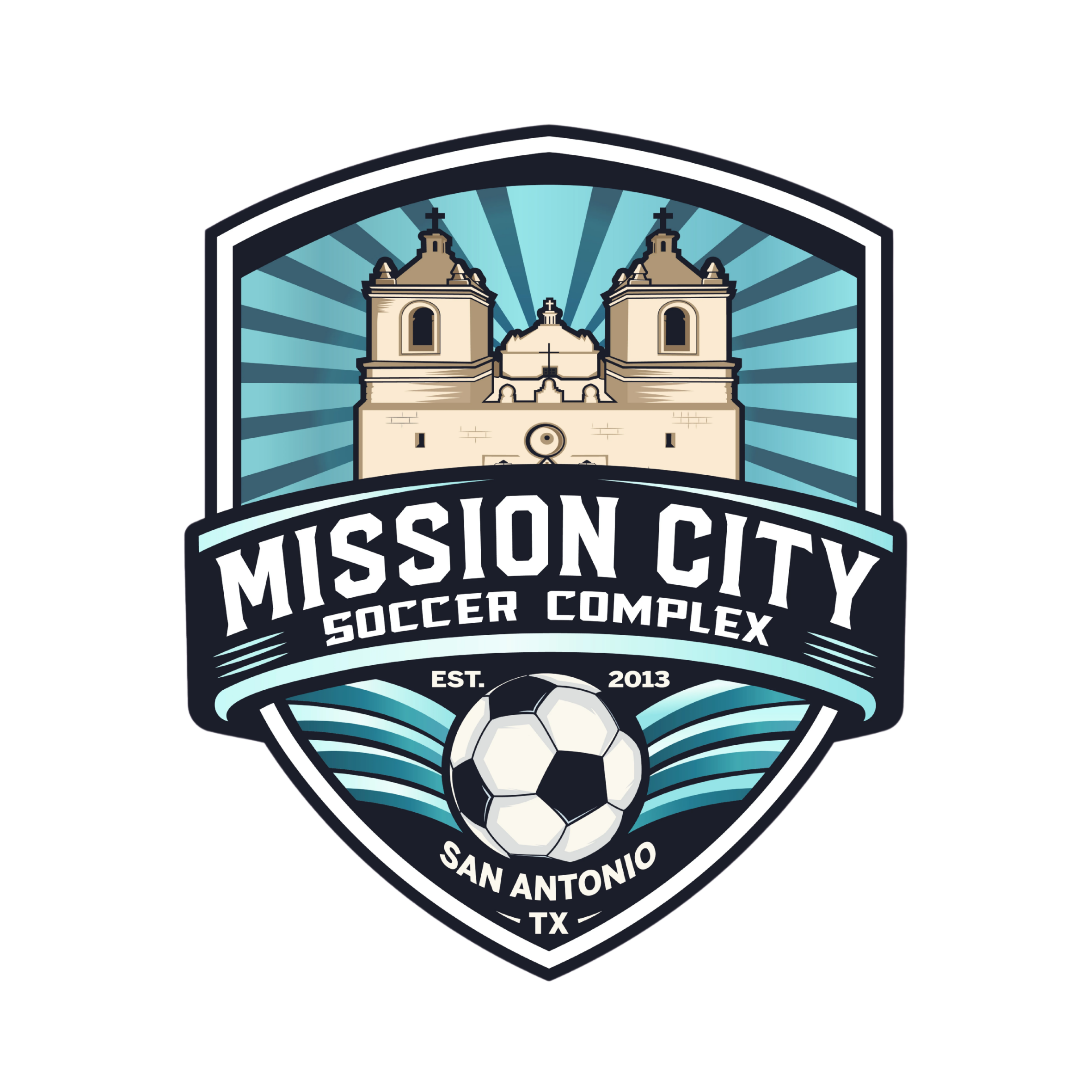 A logo for Mission City Soccer Complex featuring a building with two towers, a soccer ball, and the text 'Mission City Soccer Complex' and 'San Antonio TX' with established date 2013.