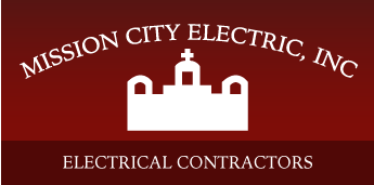 Logo for Mission City Electric, Inc. featuring a stylized building with a tower, with red and white colors and text 'Electrical Contractors'.