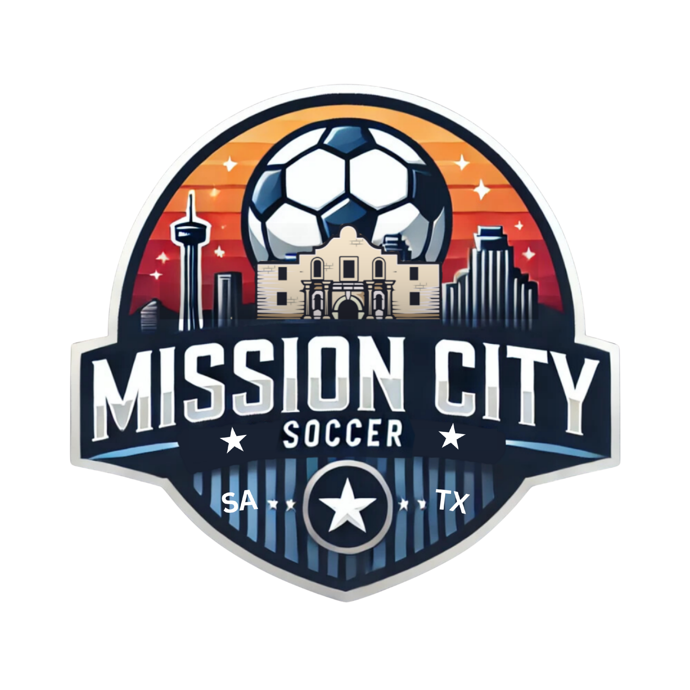 Mission City Soccer logo featuring a soccer ball, cityscape skyline including the Tower, a historic building, and modern skyscrapers, with a sunset background and the text 'Mission City Soccer' along with 'SA' and 'TX' inside a badge-style emblem.