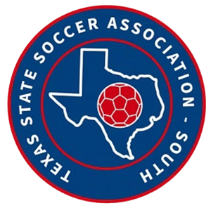 Texas State Soccer Association logo featuring an outline of Texas with a soccer ball inside, surrounded by the organization's name.