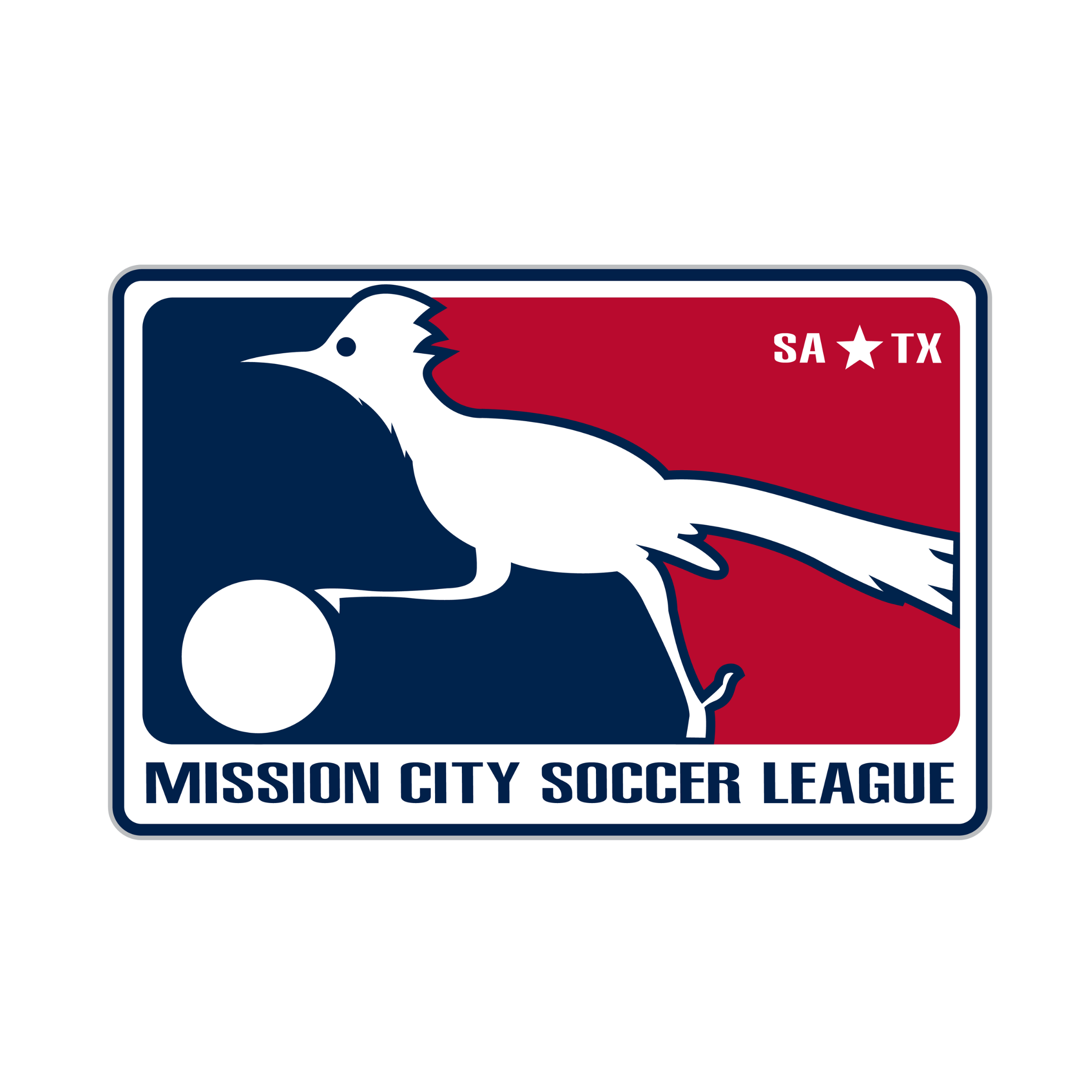 Mission City Soccer League logo featuring a white bird with a soccer ball, with a background in red and navy blue, with text including 'SA TX' and 'MISSION CITY SOCCER LEAGUE'.