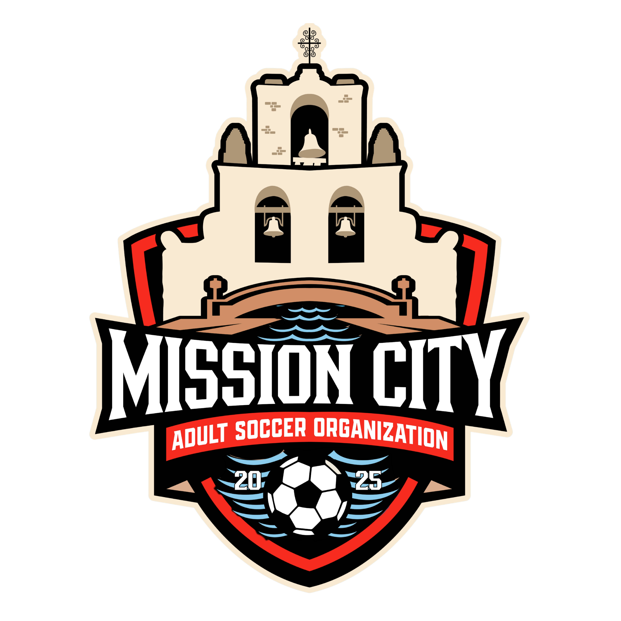 Logo for Mission City Adult Soccer Organization featuring a historic mission-style building, a soccer ball, and the year 2025.