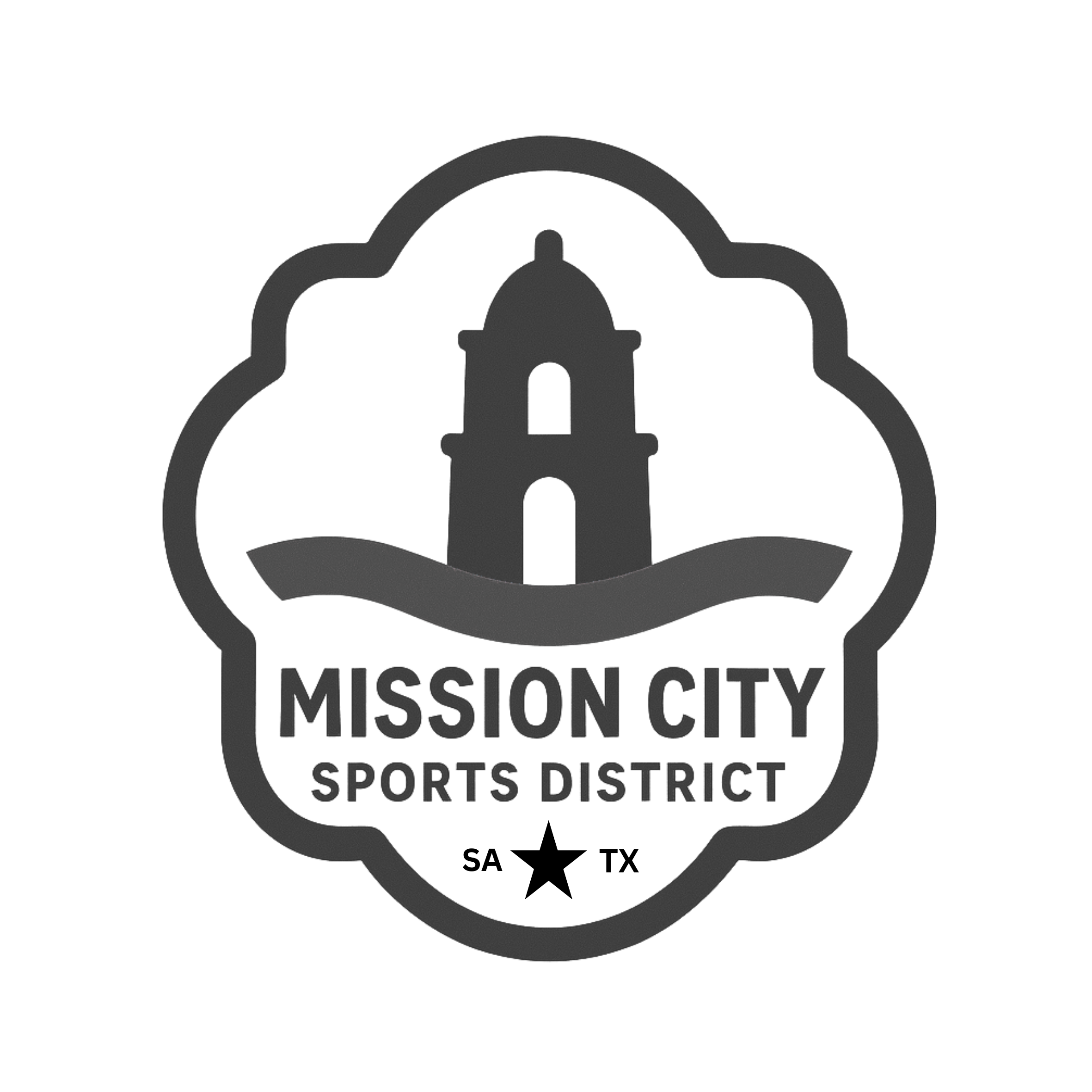 Logo for Mission City Sports District featuring a silhouette of a clock tower, with the text 'MISSION CITY' and 'SPORTS DISTRICT' below.