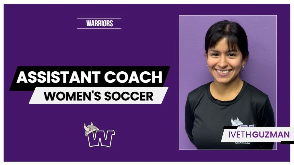 A young woman wearing a black women's soccer jersey, smiling, standing against a purple wall. Text overlay indicates she is Iveth Guzman, assistant coach for women's soccer, associated with the Warriors team.