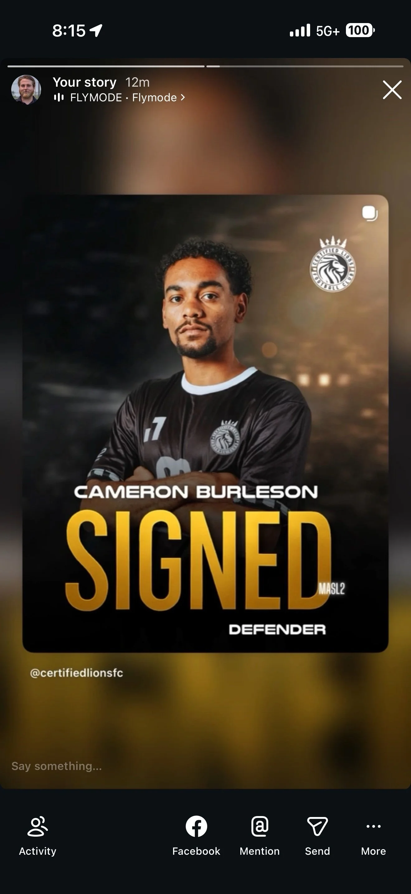 Social media post announcing that Cameron Burleson has signed with a soccer team, wearing a black jersey with the team logo. The post includes the words "SIGNED" and "DEFENDER".