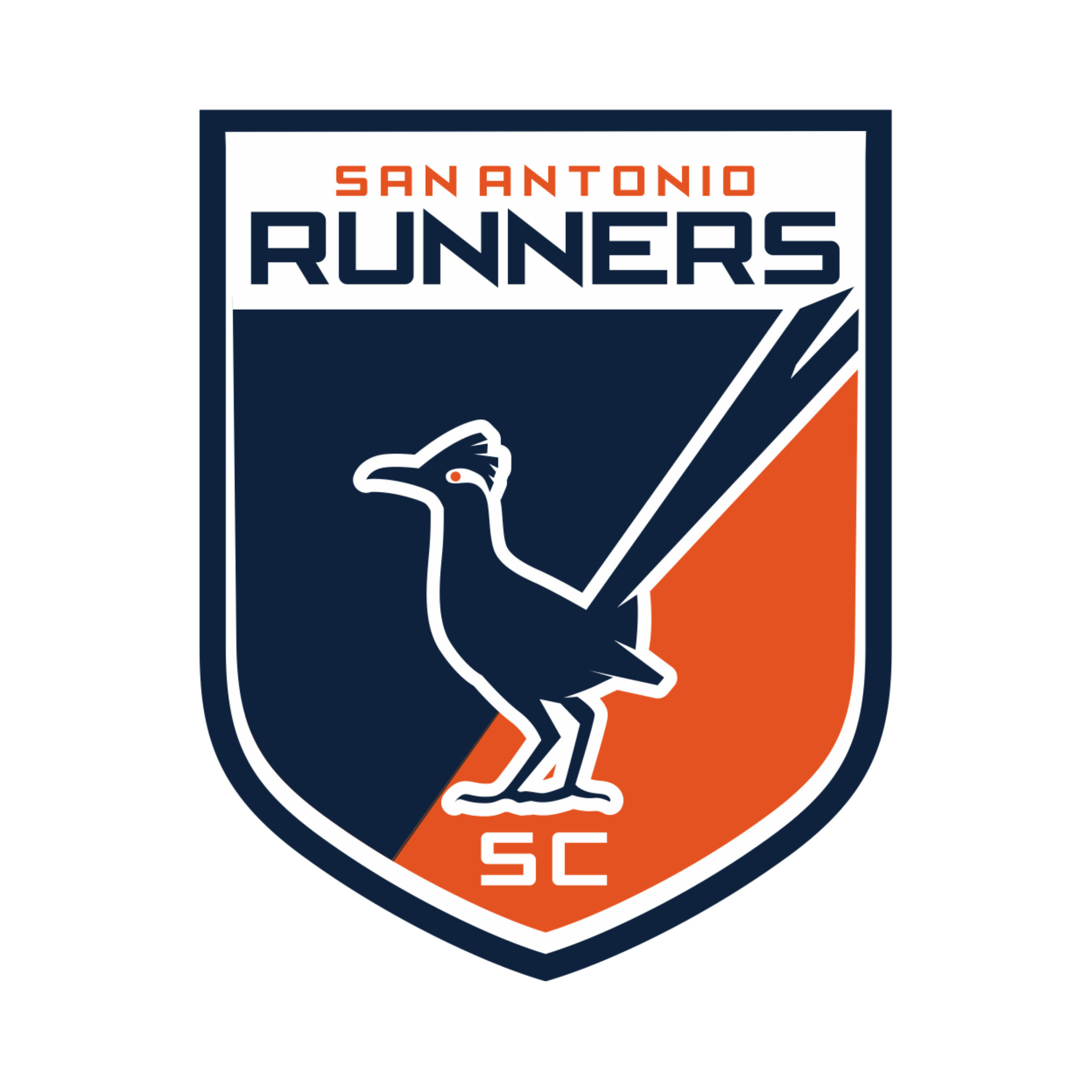 Logo of the San Antonio Runners, featuring a stylized bird on a shield with orange, navy blue, and white colors. The words "San Antonio Runners" are at the top and "SC" at the bottom.