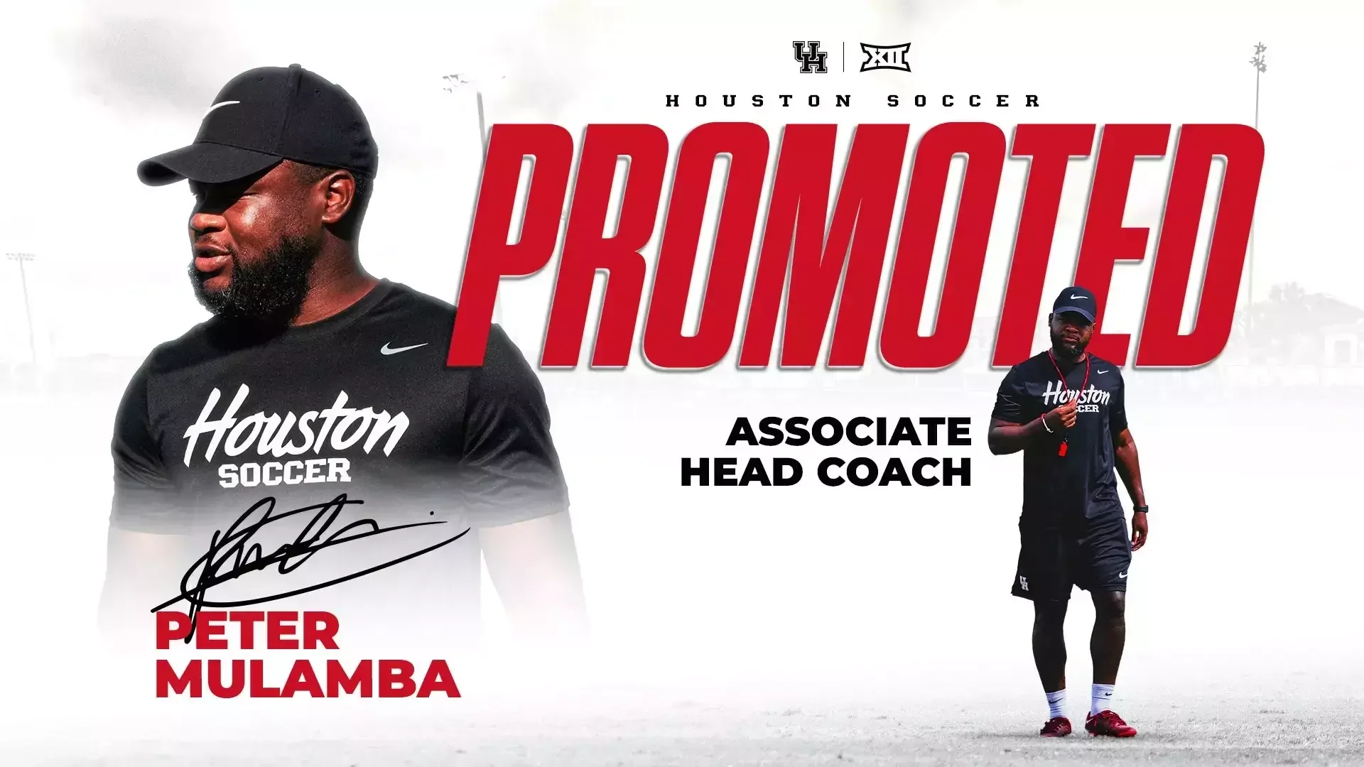 Announcement graphic featuring Houston Soccer team with coach Peter Mulamba promoted to Associate Head Coach. The image includes photos of coach Mulamba, one larger on the left and one smaller on the right, both wearing Houston Soccer attire, with prominent red text reading 'PROMOTED' in the center and additional text about his new position.